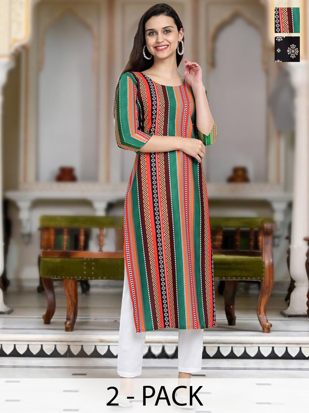 

Moda Rapido Selection Of 2 Geometric Printed Round Neck Straight Kurta, Green
