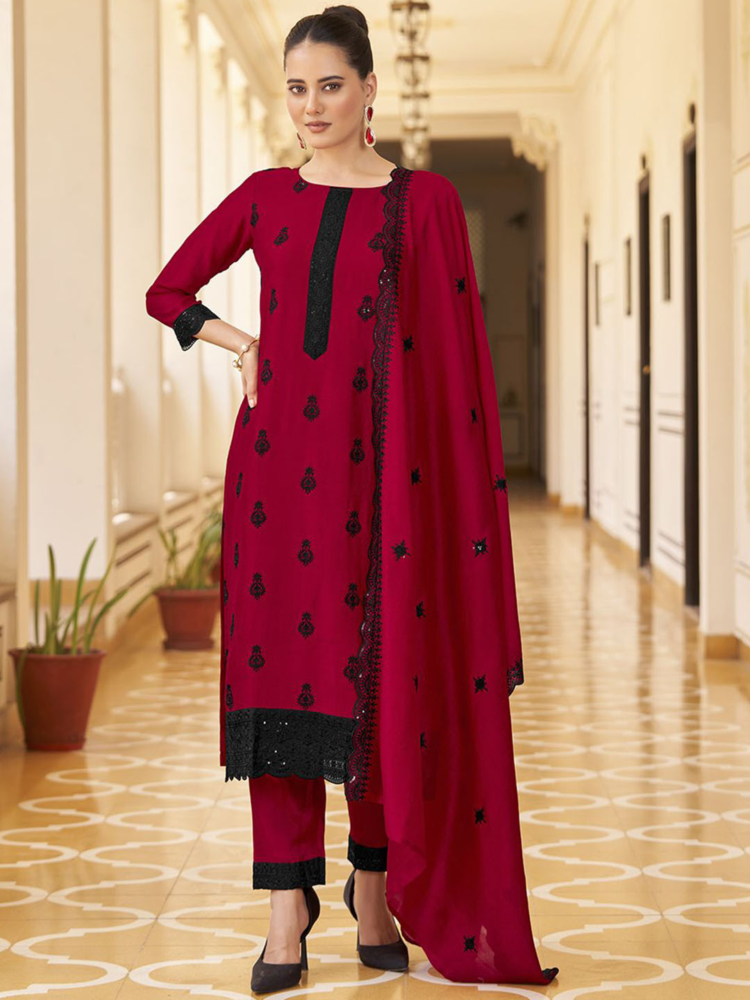 

KALINI Women Embroidered Regular Sequinned Kurta with Trousers & With Dupatta, Red