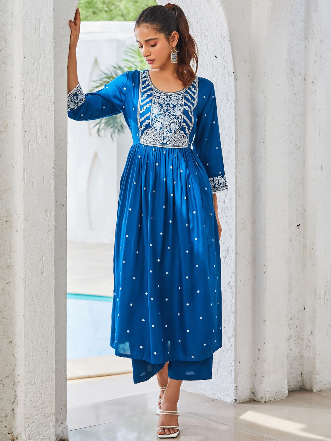 

Rangriti Women Embroidered Angrakha Kurta with Palazzos, Blue