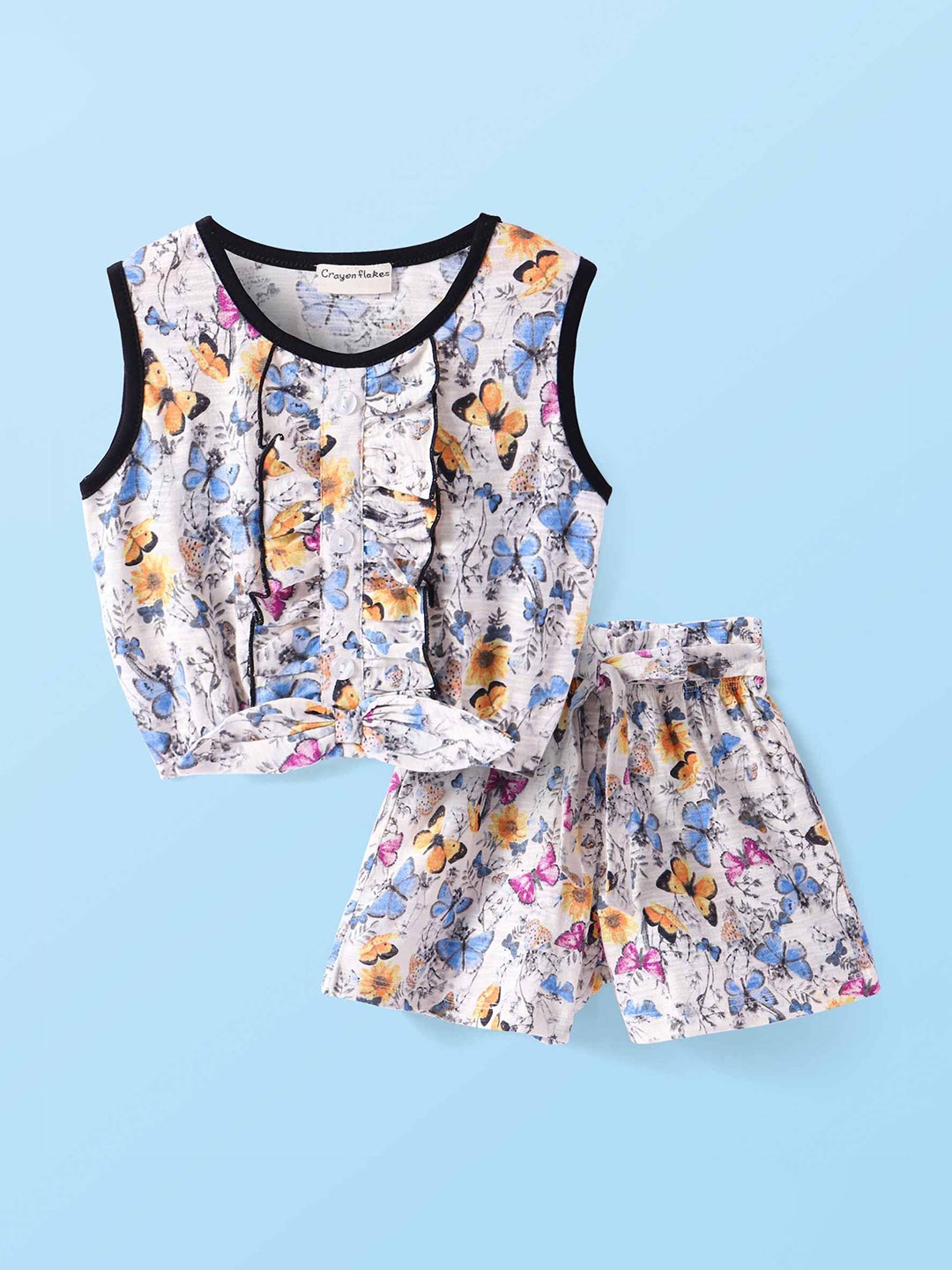 

CrayonFlakes Girls Floral Printed Round Neck Pure Cotton Frilled Crop Top With Short, Off white