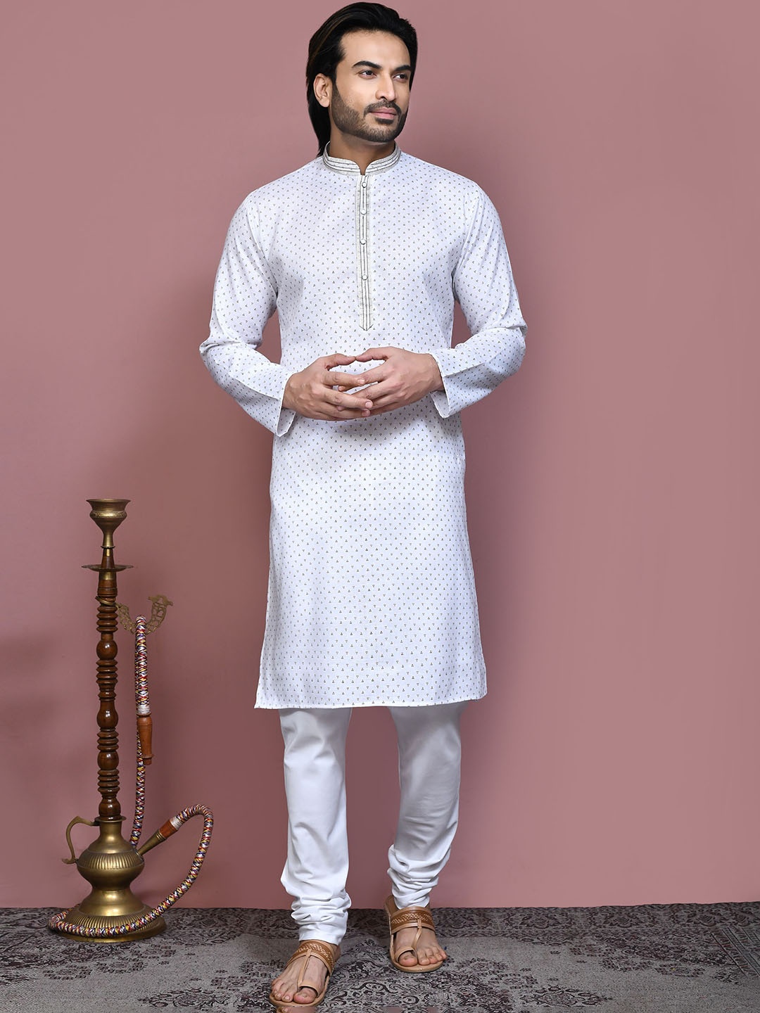 

RANAK Men Printed Regular Pure Cotton Kurta with Pyjamas, White