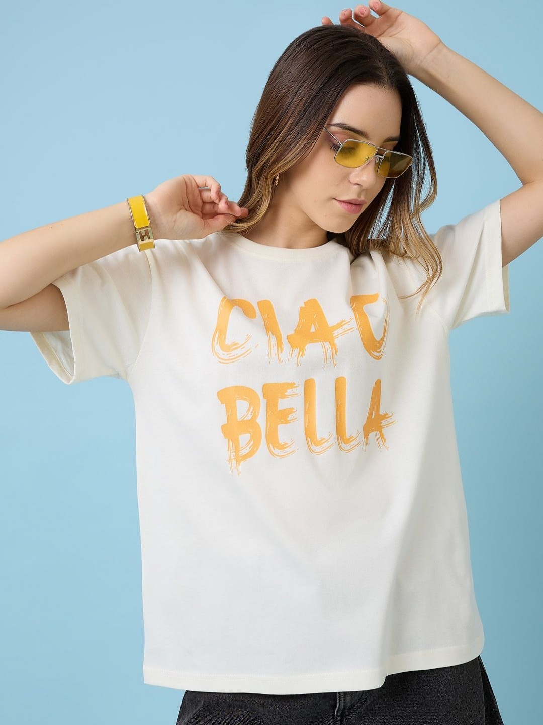 

Mast & Harbour Women Printed Applique T-shirt, Off white