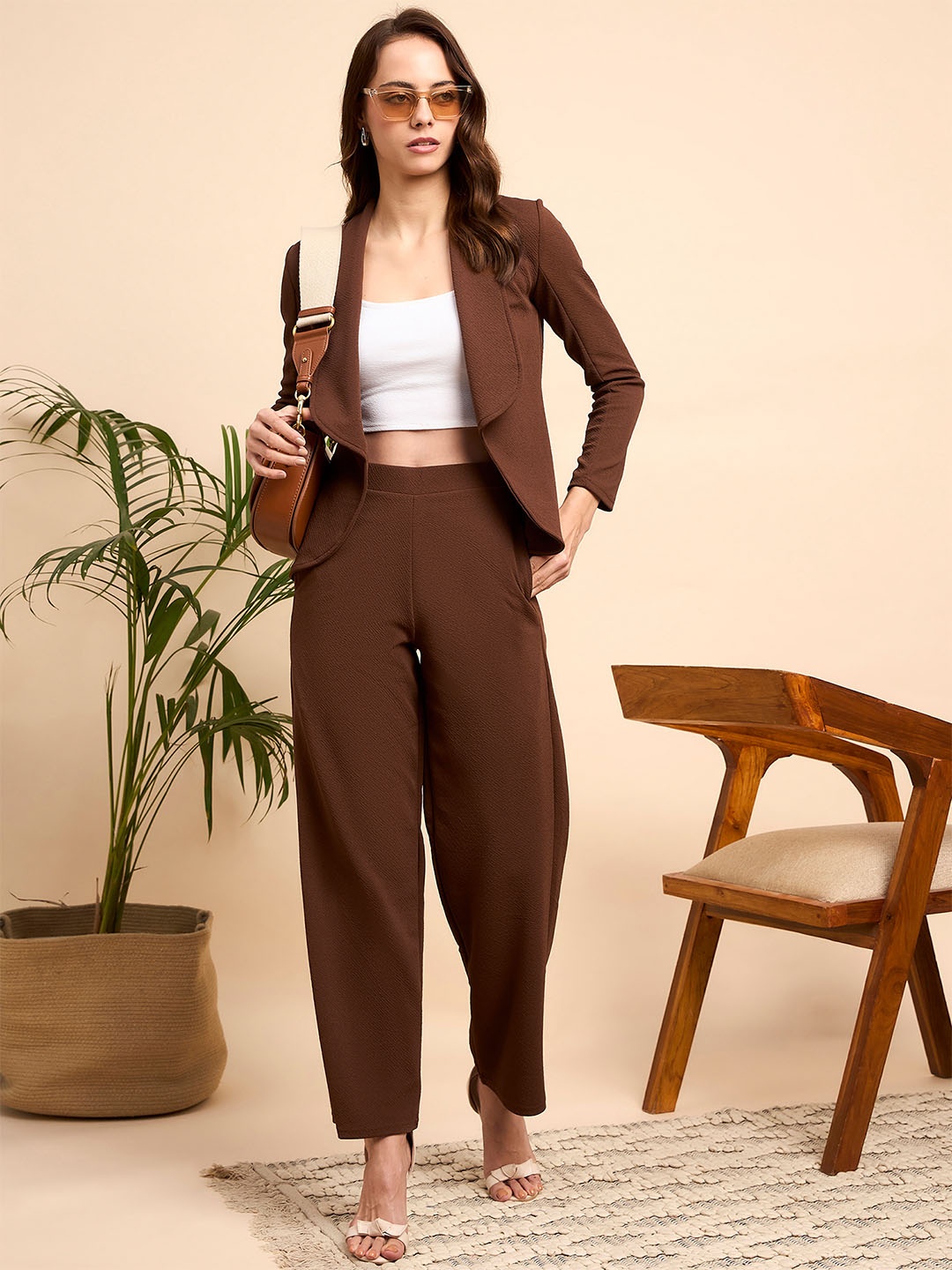 

Mast & Harbour Shawl Collar Blazer With Trouser And Crop Top, Coffee brown