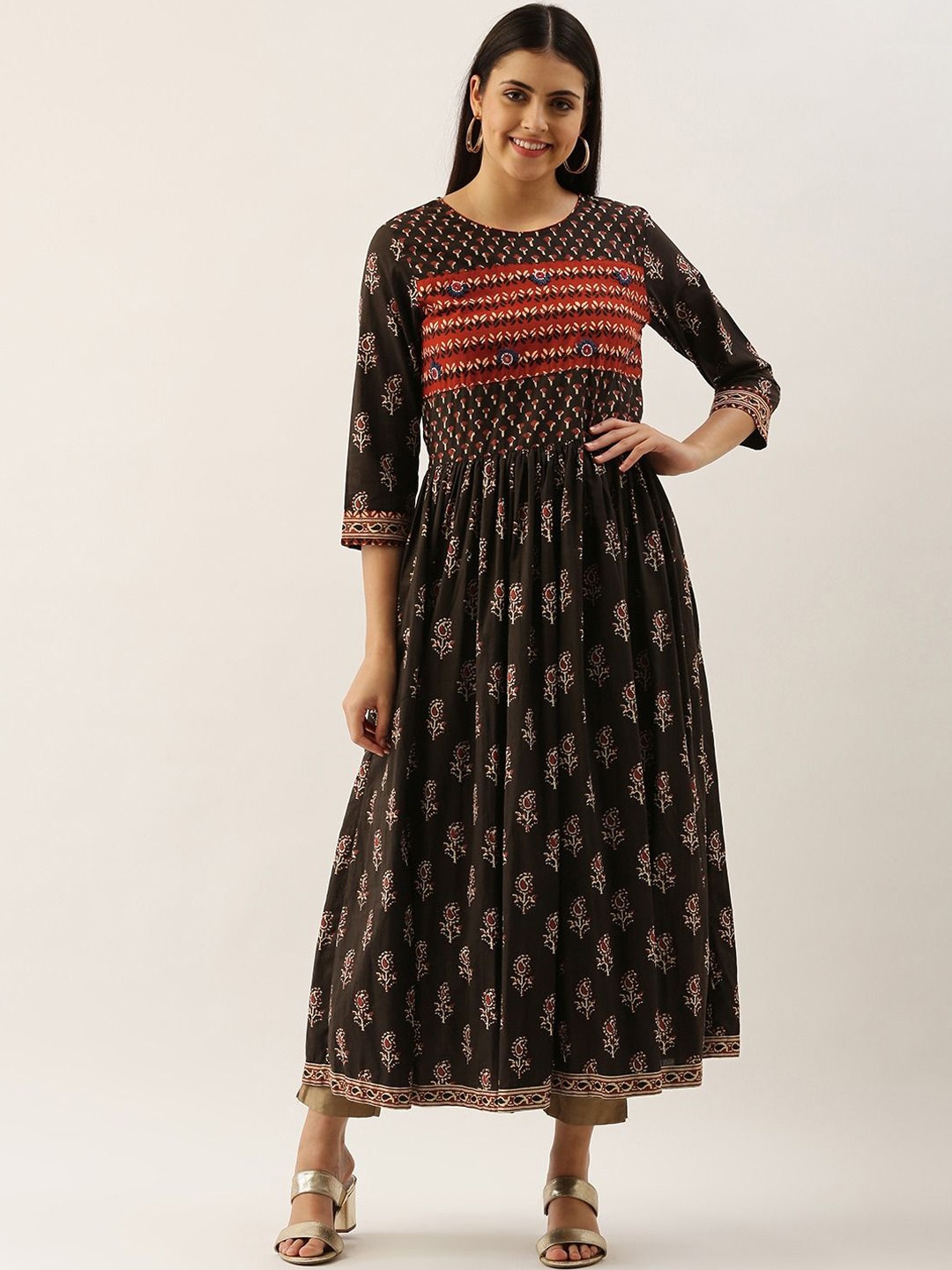 

KALINI Floral Printed Round Neck Empire Pure Cotton Anarkali Kurta, Red