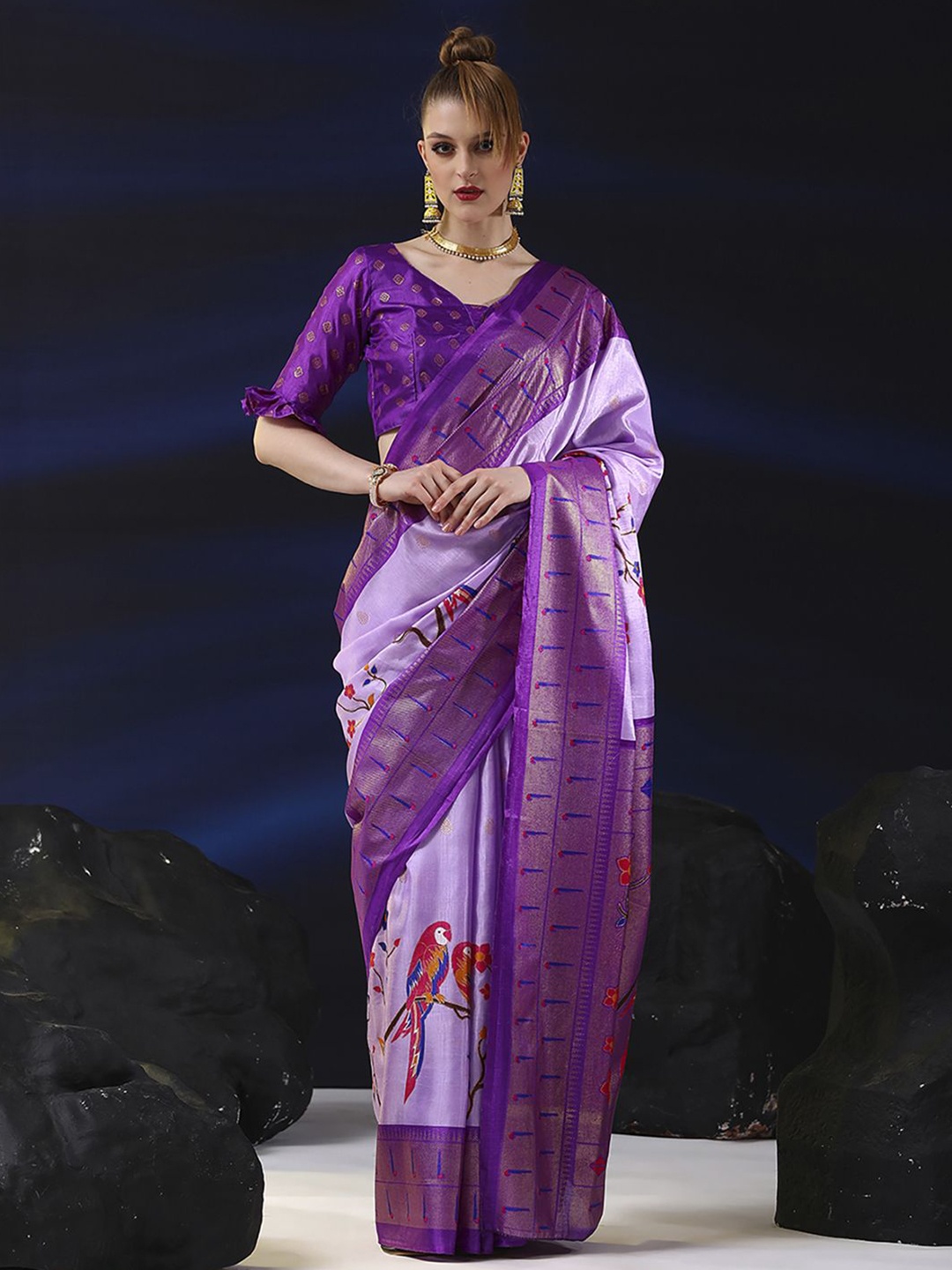 

Mitera Ethnic Motifs Zari Silk Blend Bagh Saree, Lavender