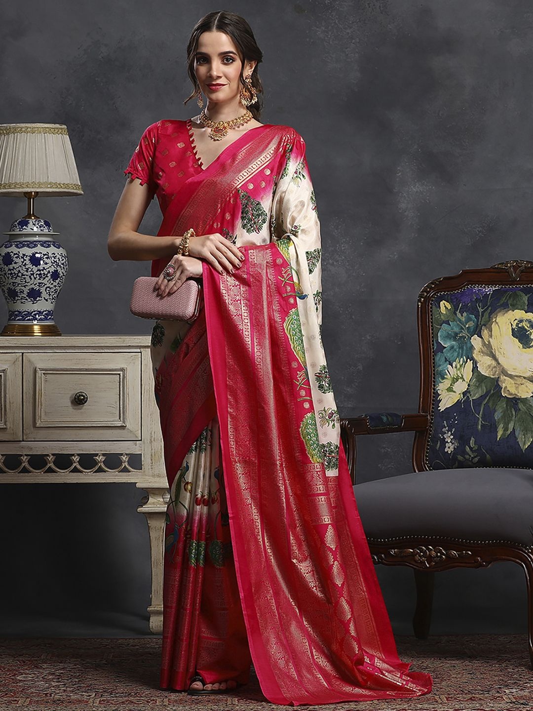 

Mitera Ethnic Motifs Zari Silk Blend Bagh Saree, Cream