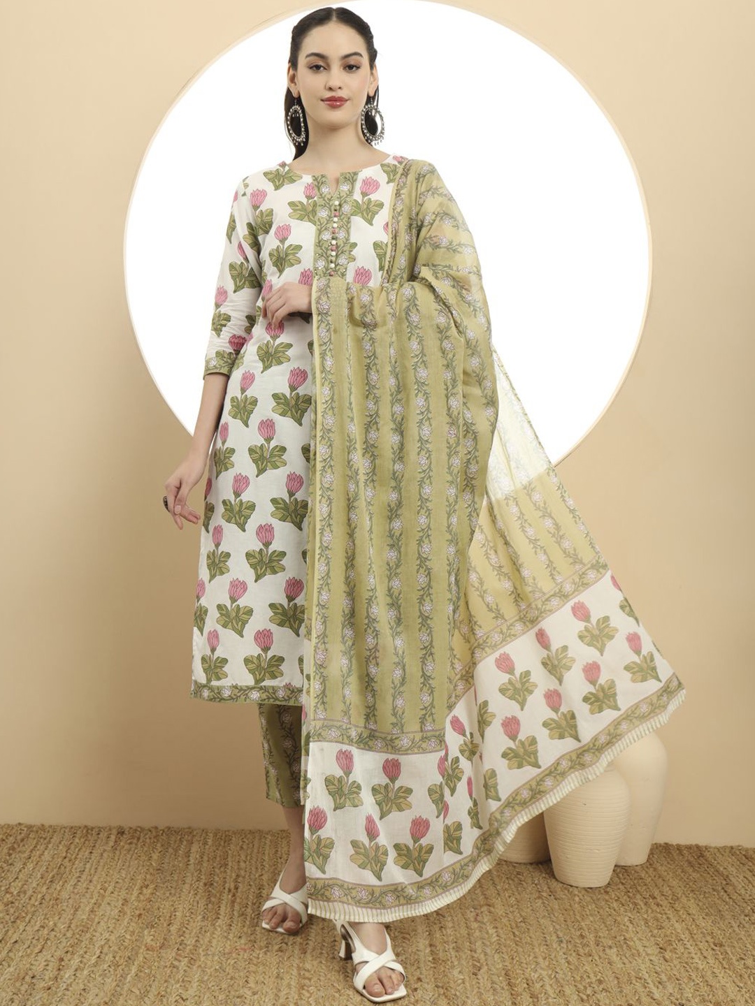 

Yufta Women Floral Printed Regular Sequinned Pure Cotton Kurta with Trousers & With Dupatta, White