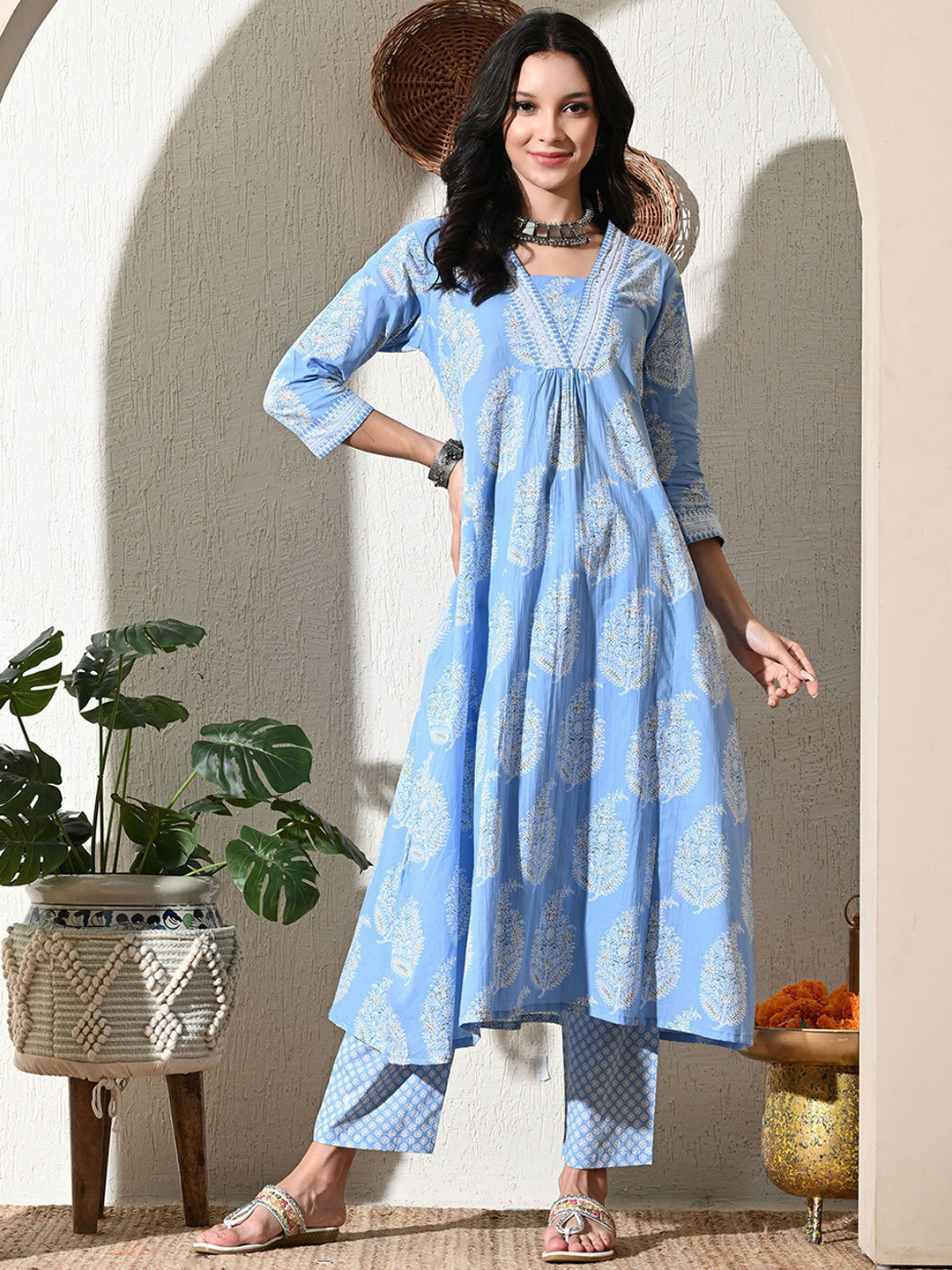 

ZOGAN Women Ethnic Motifs Printed Regular Pure Cotton Kurta with Trousers & With Dupatta, Blue