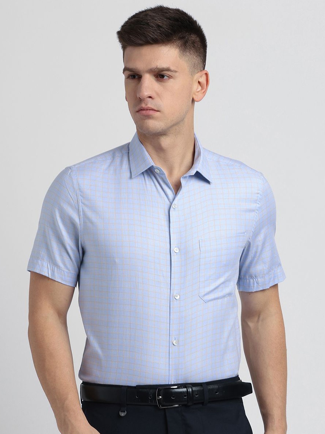 

Turtle Men Standard Grid Tattersall Checks Opaque Checked Formal Shirt, Blue