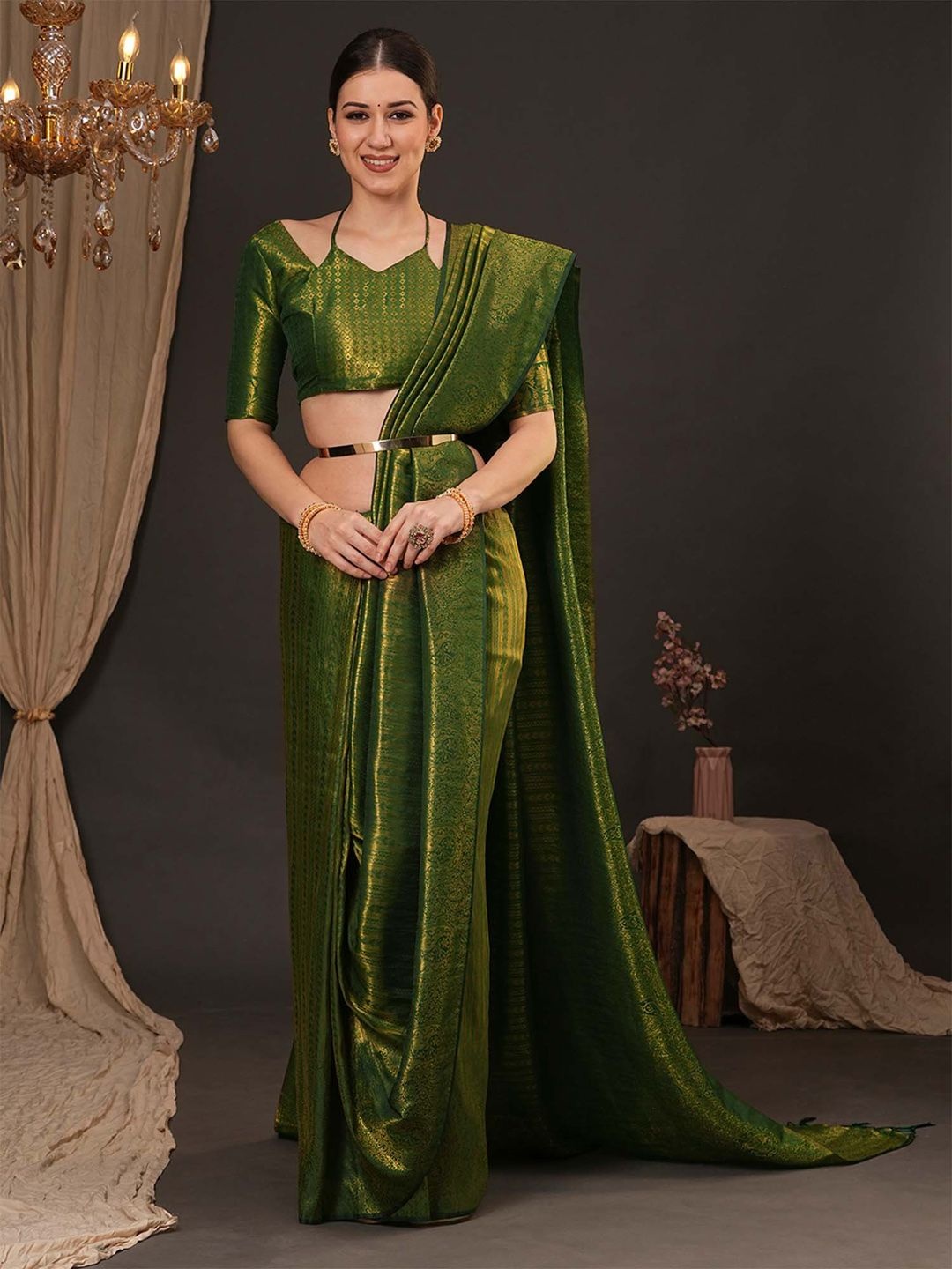 

Mitera Woven Design Zari Silk Blend Kanjeevaram Saree, Green