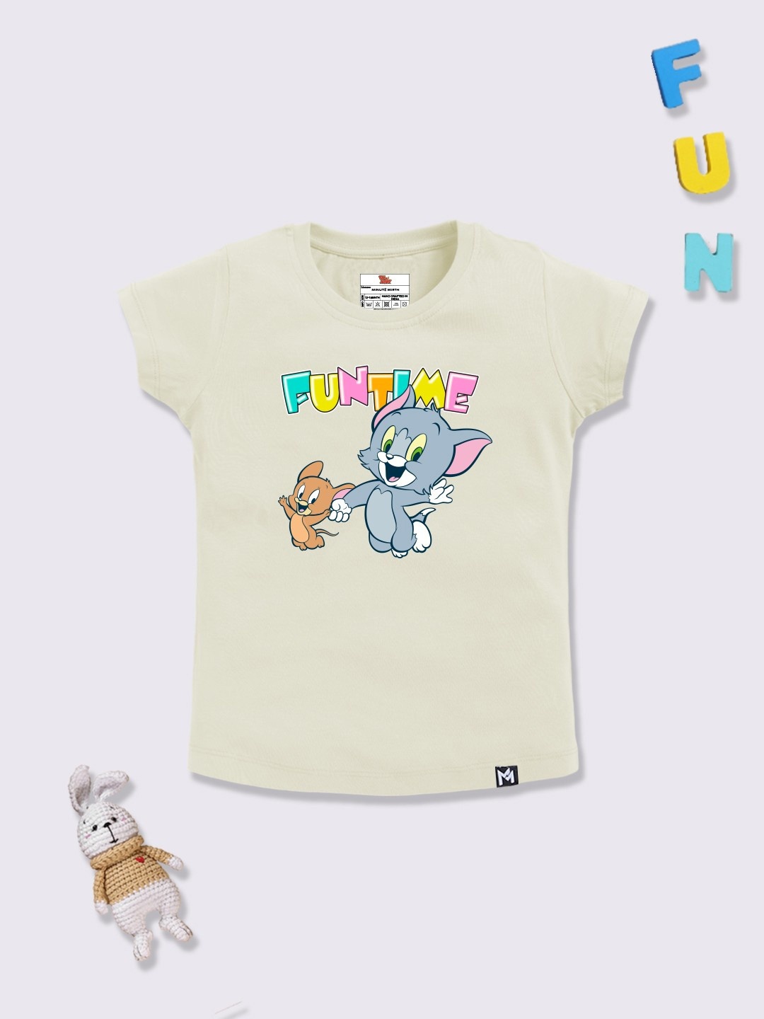 

YK X Minute Mirth Infant Girls Tom & Jerry Printed Pure Cotton T-shirt, Cream