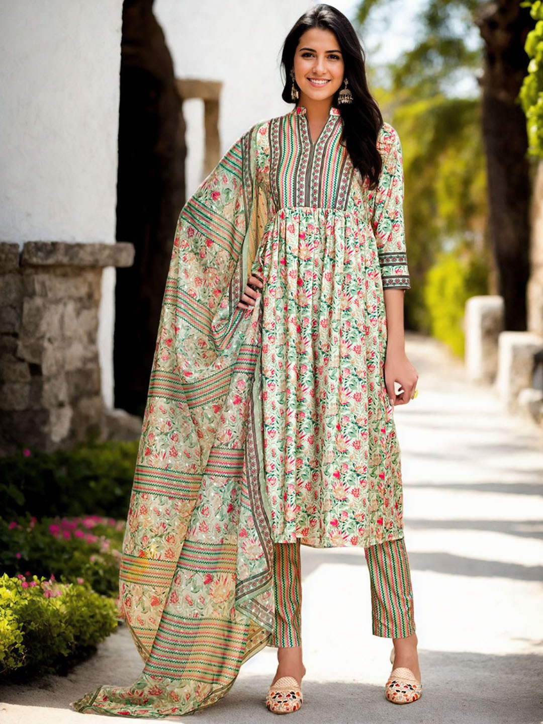 

Anouk Women Floral Printed Pleated Kurta with Trousers & With Dupatta, Green