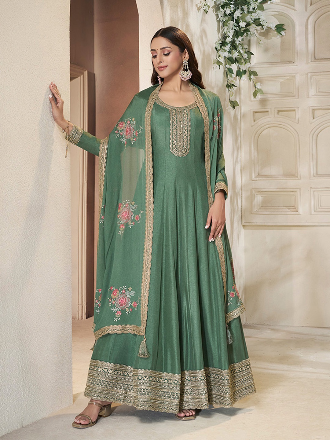 

Seerat Embroidered Sequined Fit and Flare Silk Ethnic Dresses With Dupatta, Green