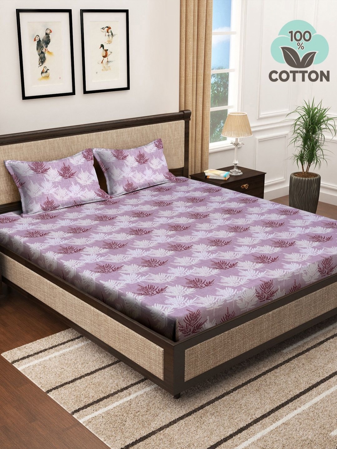 

Myntra Elegant Homes Purple & White Printed Cotton 400 TC King Bedsheet Set 2.50 X 2.20 m