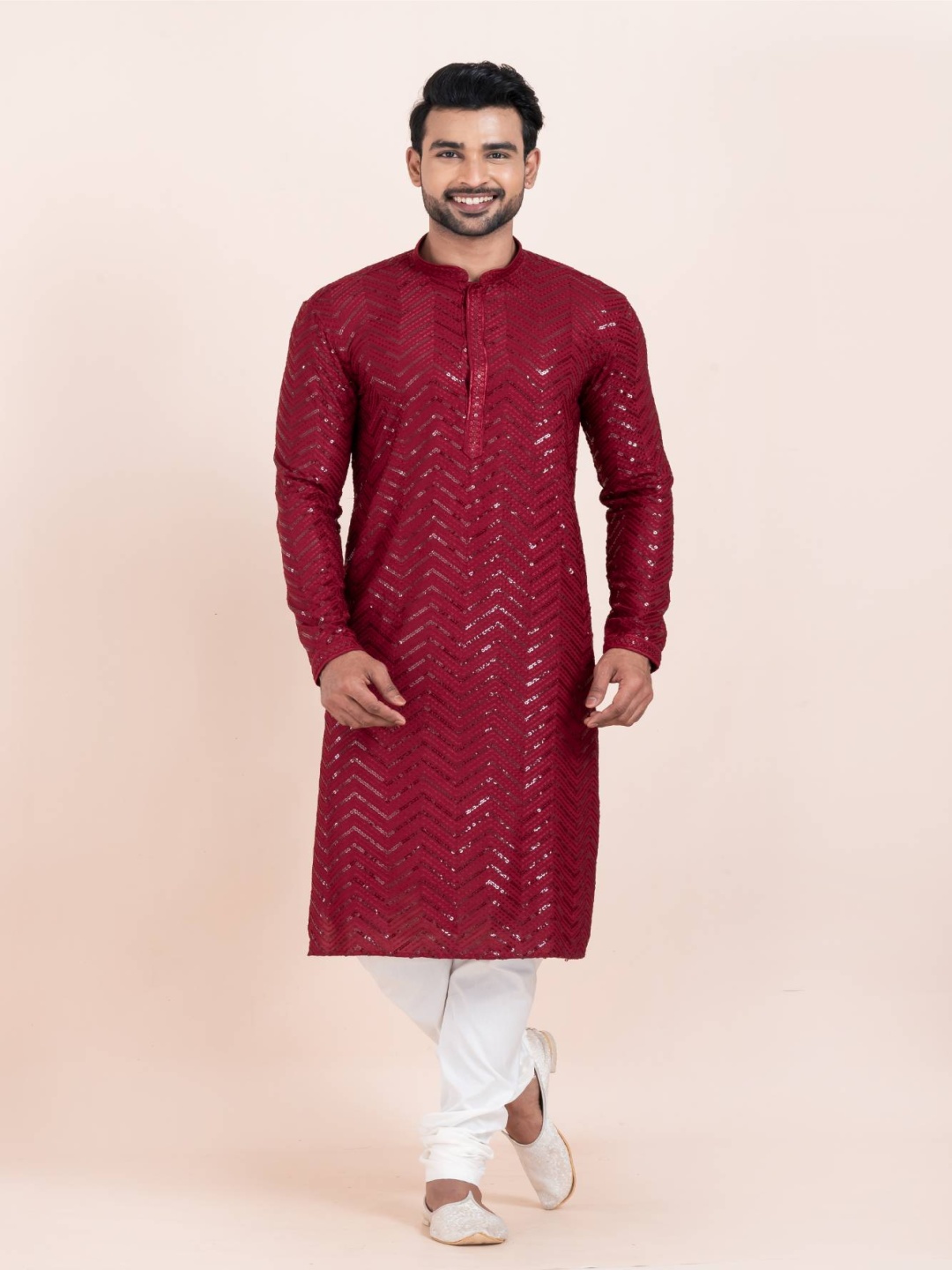 

ROOTED LIBAAS Men Embroidered Regular Sequinned Kurta with Pyjamas, Maroon