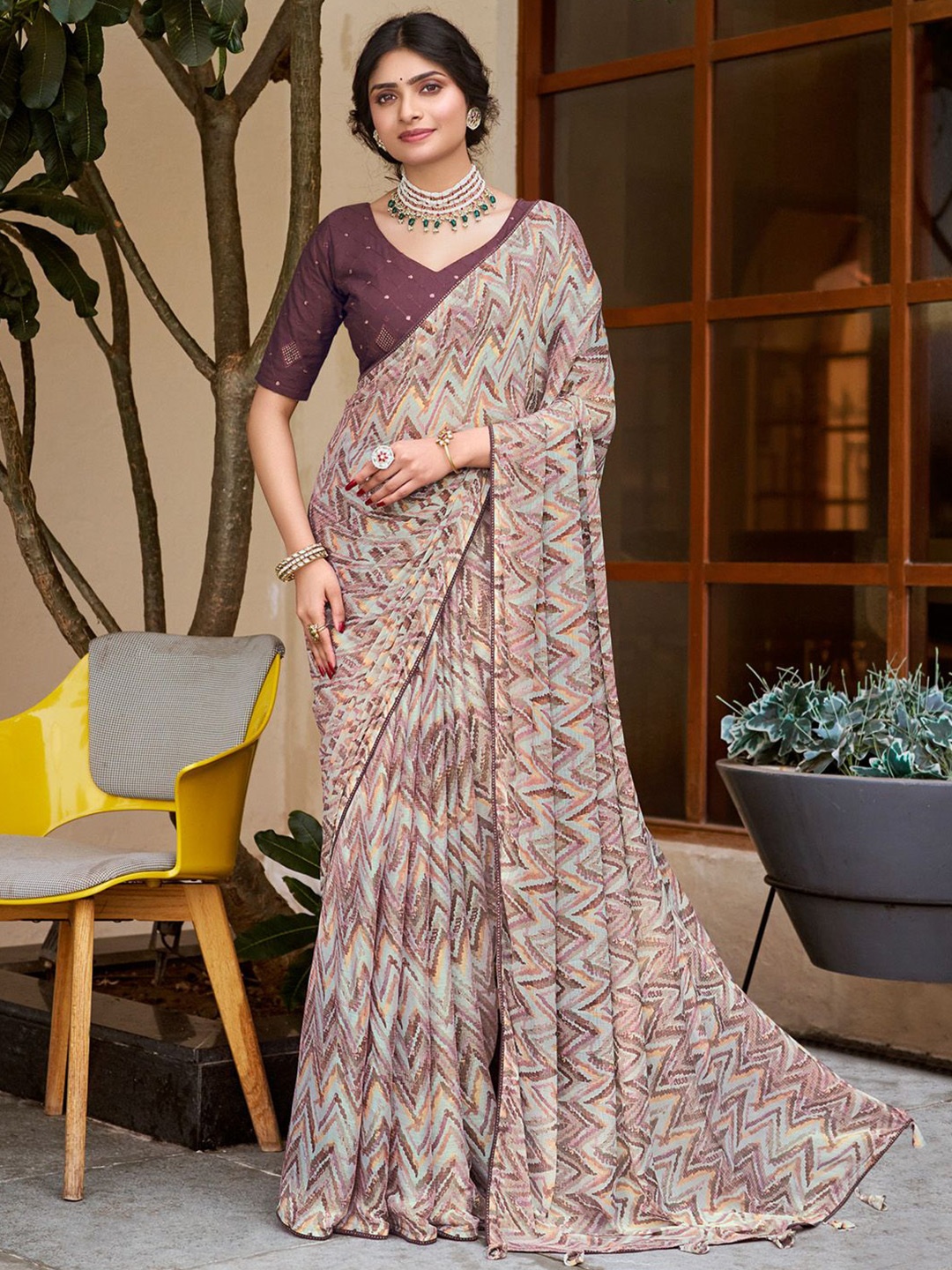 

Mitera Poly Chiffon Bagru Saree, Blue