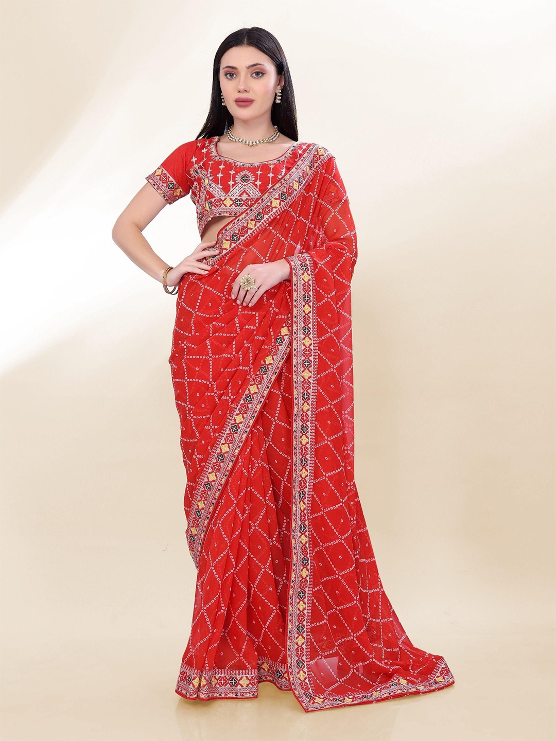 

VenderVilla Bandhani Sequinned Pure Georgette Saree, Red