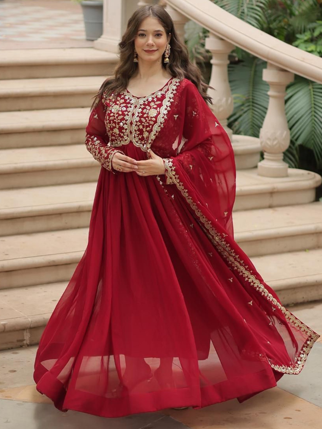 

Tilton Georgette Sequins Embroidered Flared Designer Gown With Dupatta, Maroon
