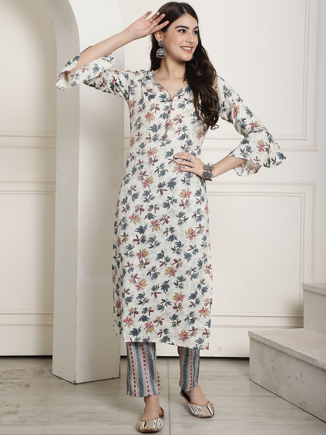 

Roly Poly Floral Printed Sweetheart Neck Tunic With Trouser, Cream