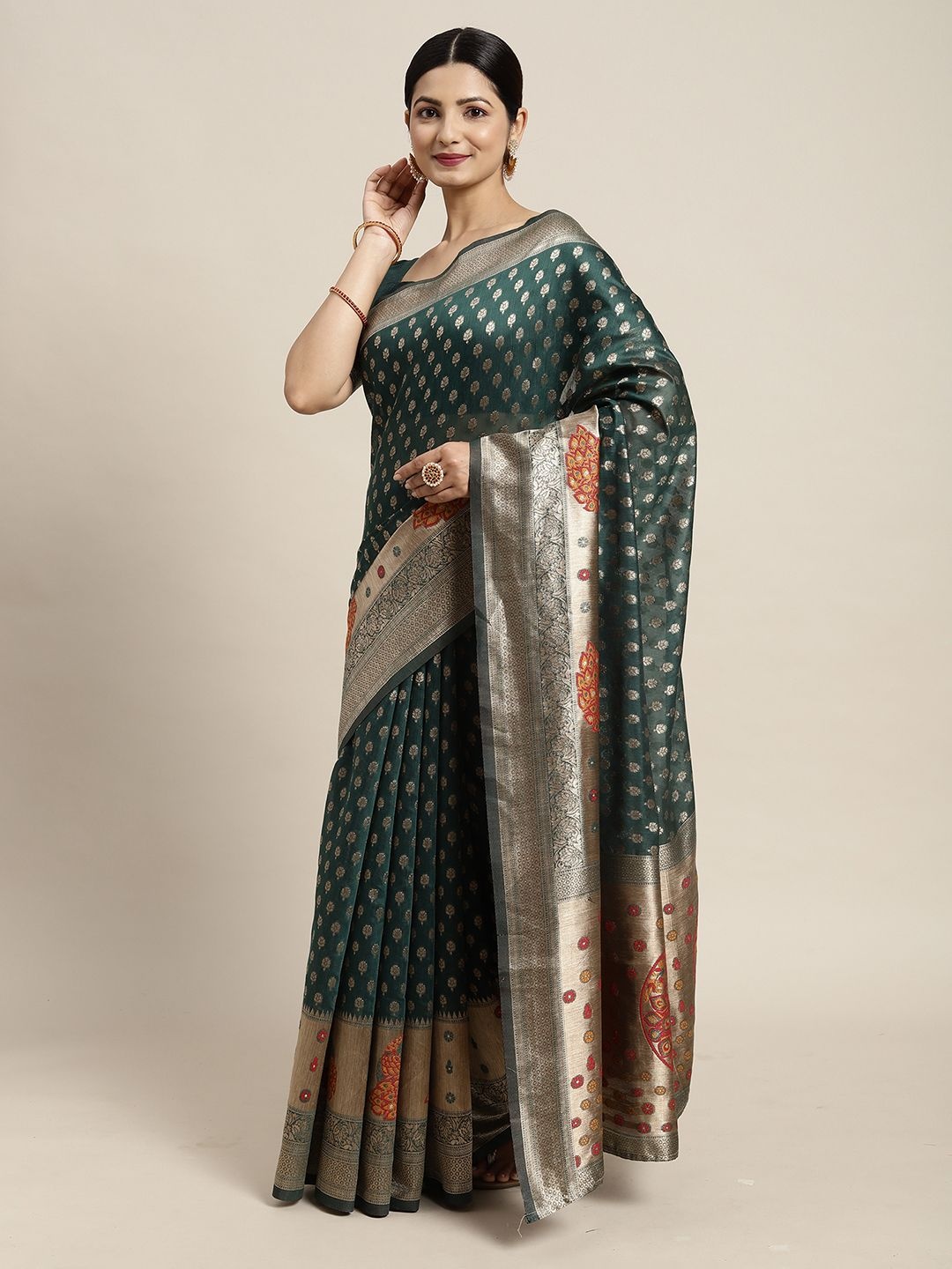 

Mitera Floral Zari Silk Cotton Banarasi Saree, Green
