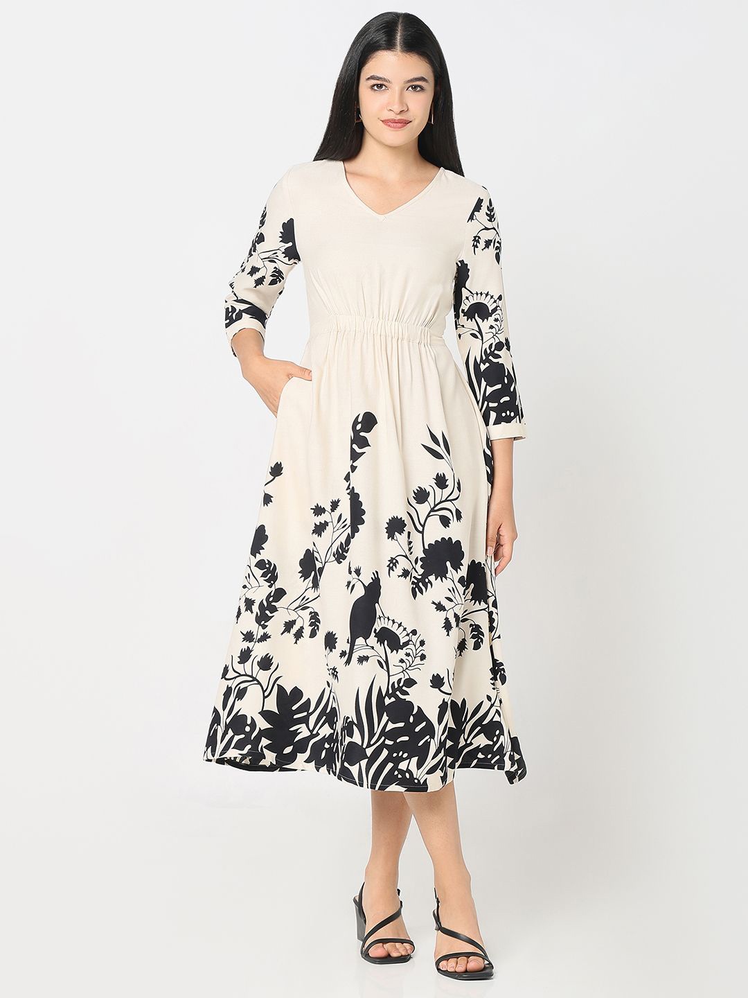 

R&B Floral Print Fit & Flare Midi Dress, Beige