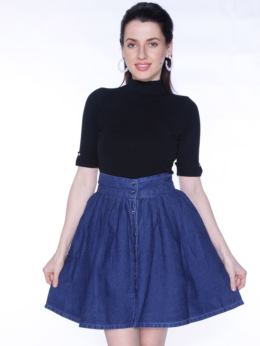 

CEFALU Flared Pleated Denim Skirt, Navy blue