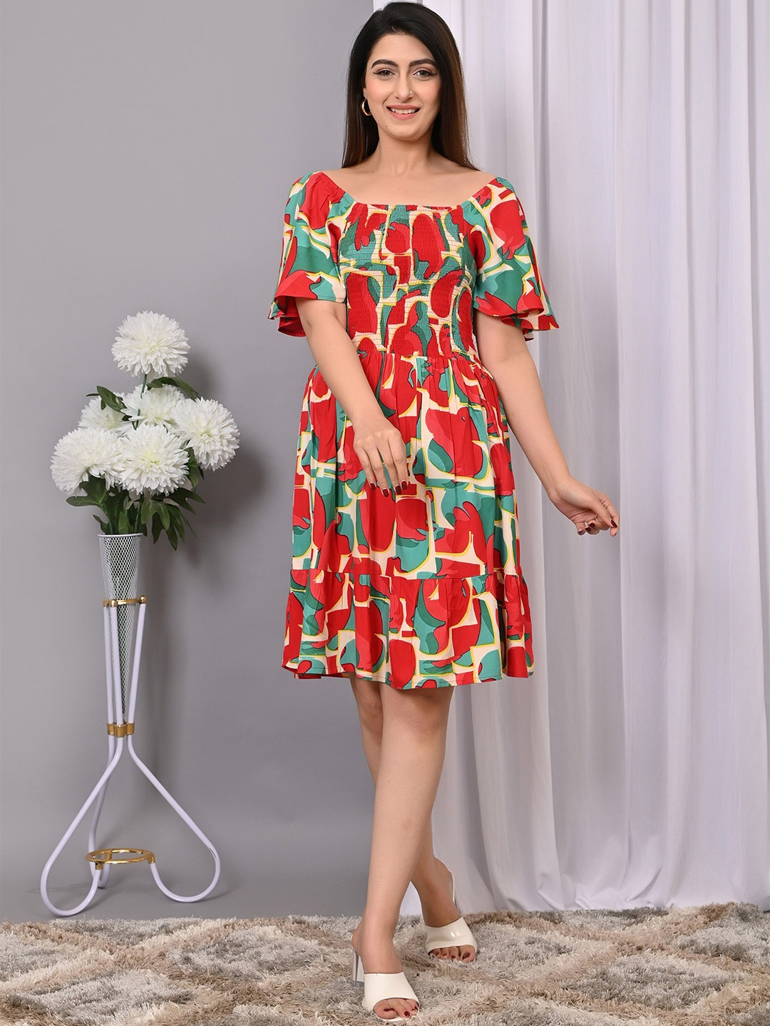 

VYMO Print Flared Sleeve Fit & Flare Dress, Multi