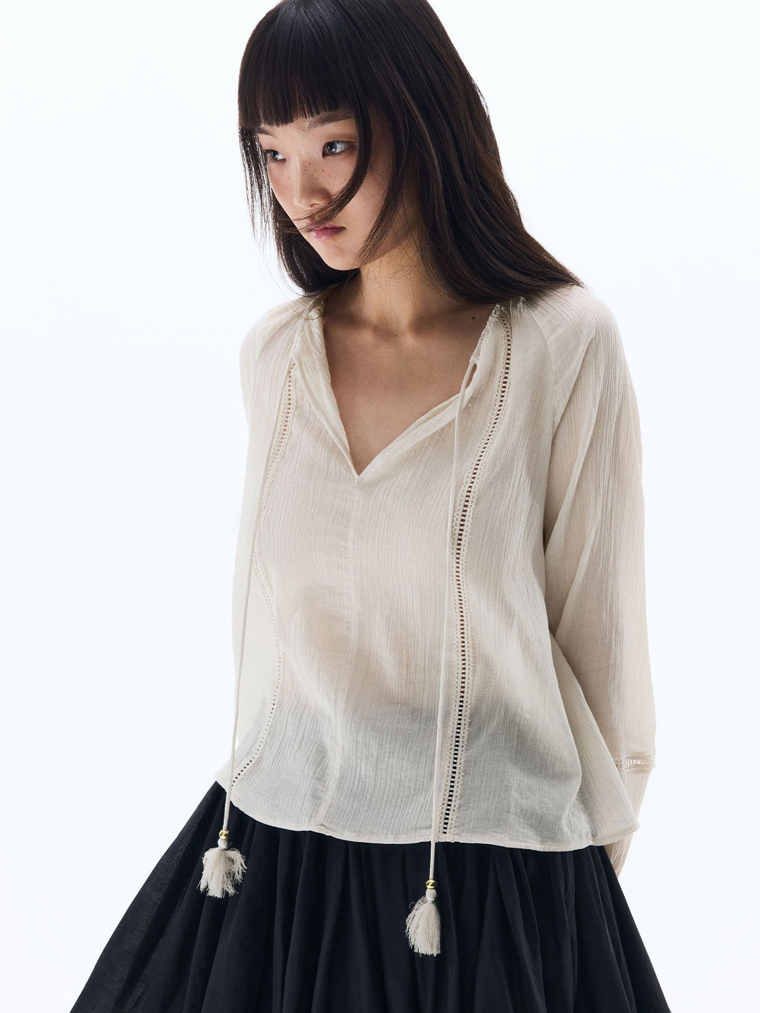 

H&M Lace-Inset Balloon-Sleeved Blouse, Beige