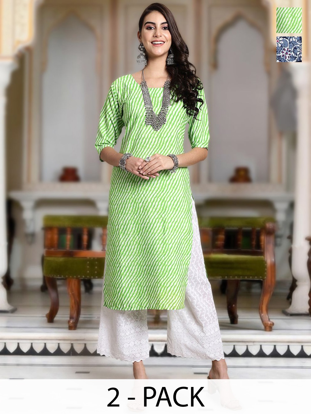 

Moda Rapido Selection Of 2 Leheriya Printed Round Neck Straight Kurta, Green