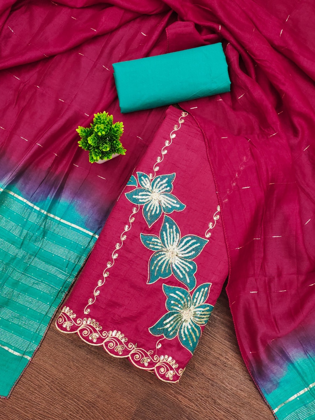 

KALINI Floral Embroidered Sequinned Unstitched Dress Material, Pink