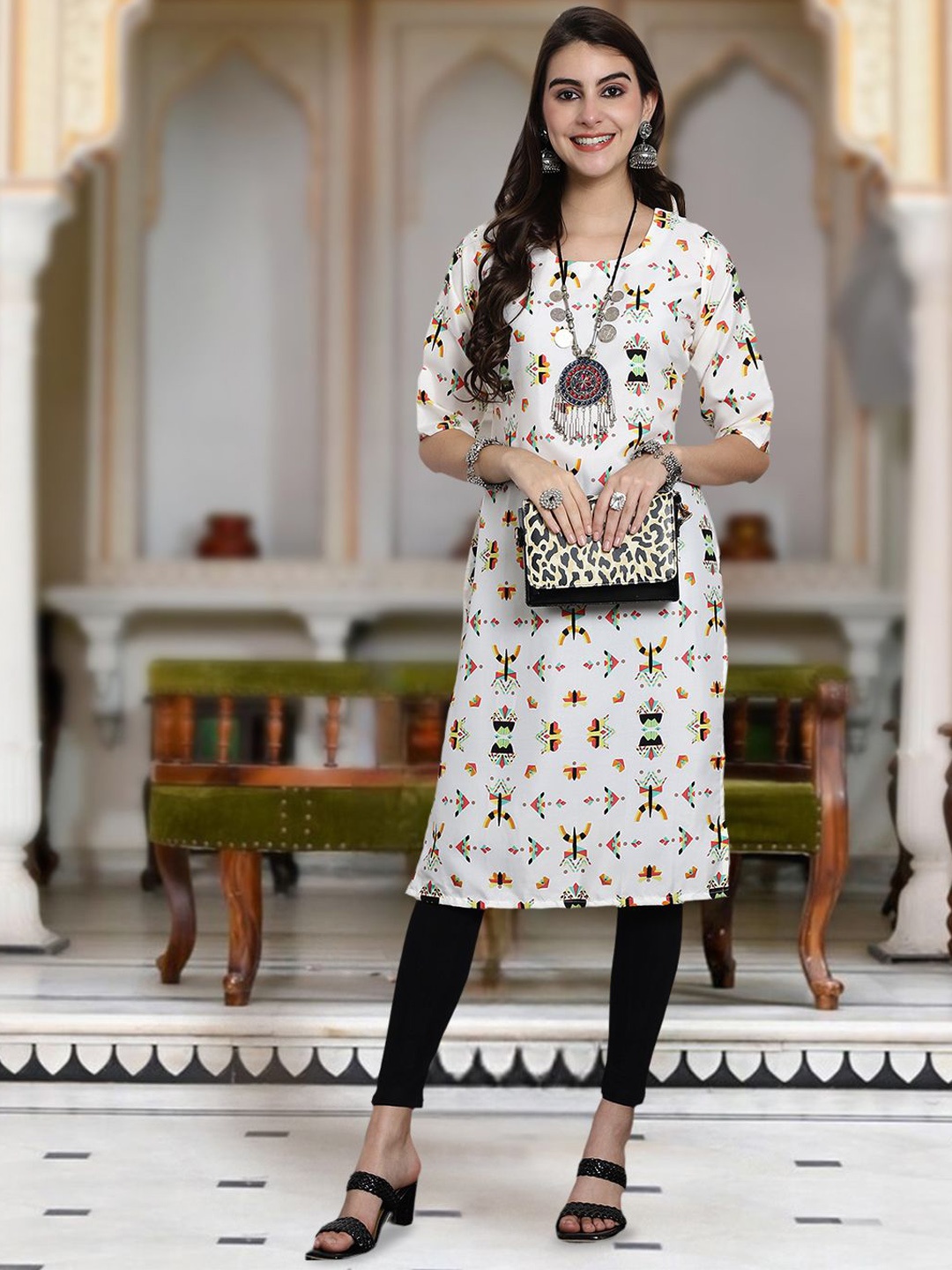 

Moda Rapido Geometric Printed Round Neck Straight Kurta, White