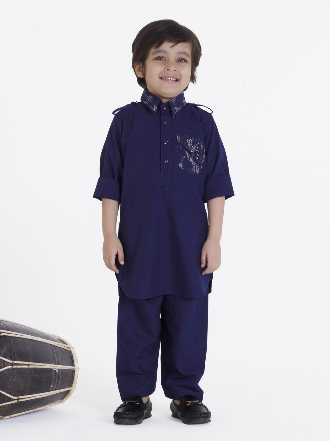

Ministitch Boys Ethnic Motifs Printed Regular Pure Cotton Kurta with Pyjamas, Navy blue