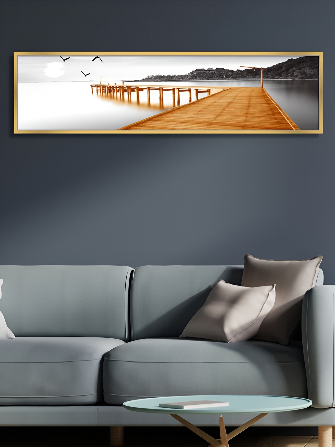 

Myntra Elegant Homes Gold-Toned Landscape by The Peir Platfom On Water Wall Painting