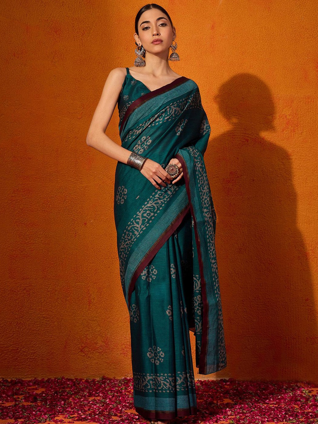 

Mitera Batik Pure Cotton Bagru Saree, Teal