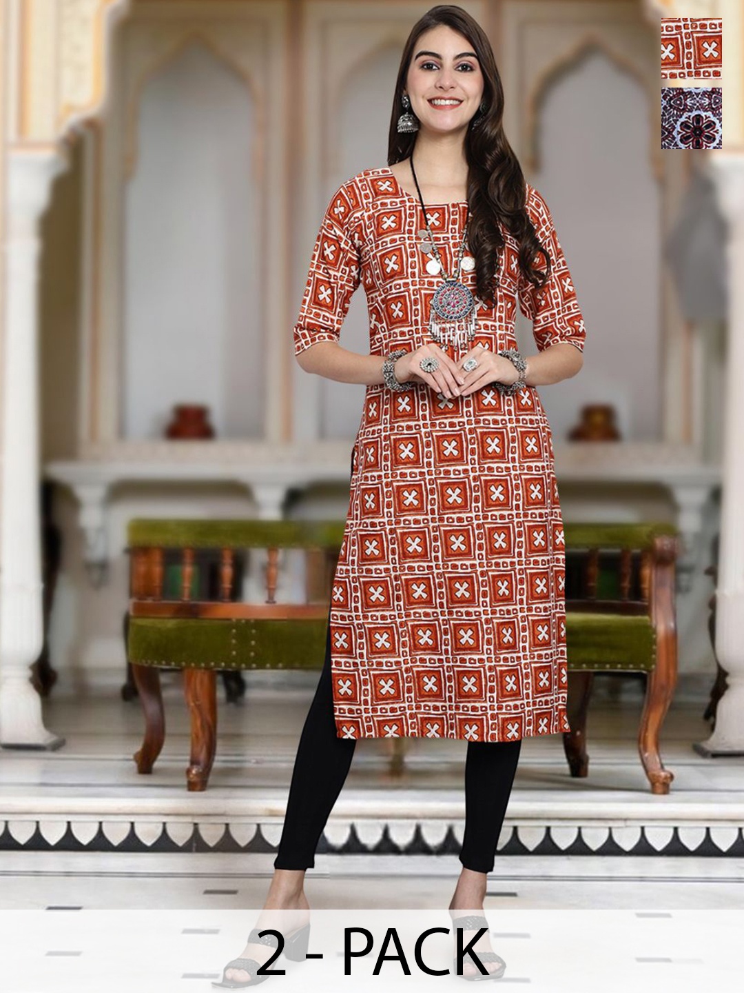 

Moda Rapido Selection Of 2 Geometric Printed Round Neck Straight Kurta, Orange