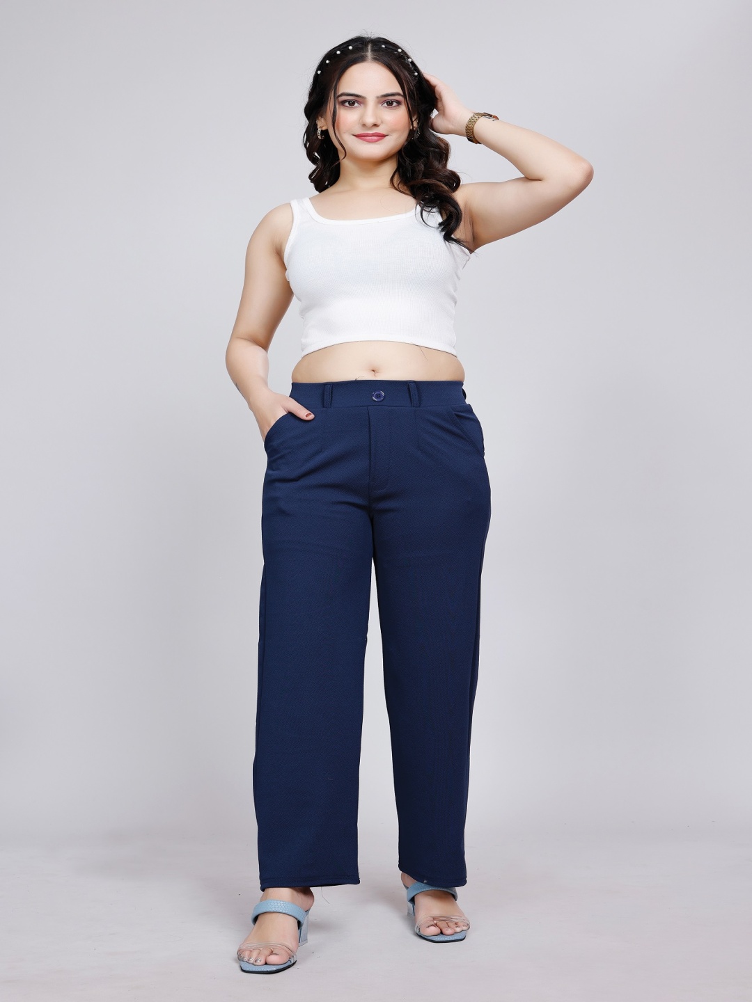 

NU CLOTHS Women Relaxed Straight Leg High-Rise Trousers, Navy blue