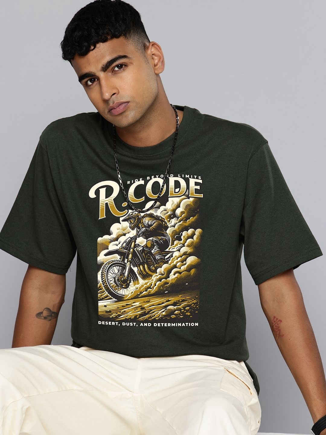 

R.Code by The Roadster Life Co. Men Printed Raw Edge T-shirt, Olive