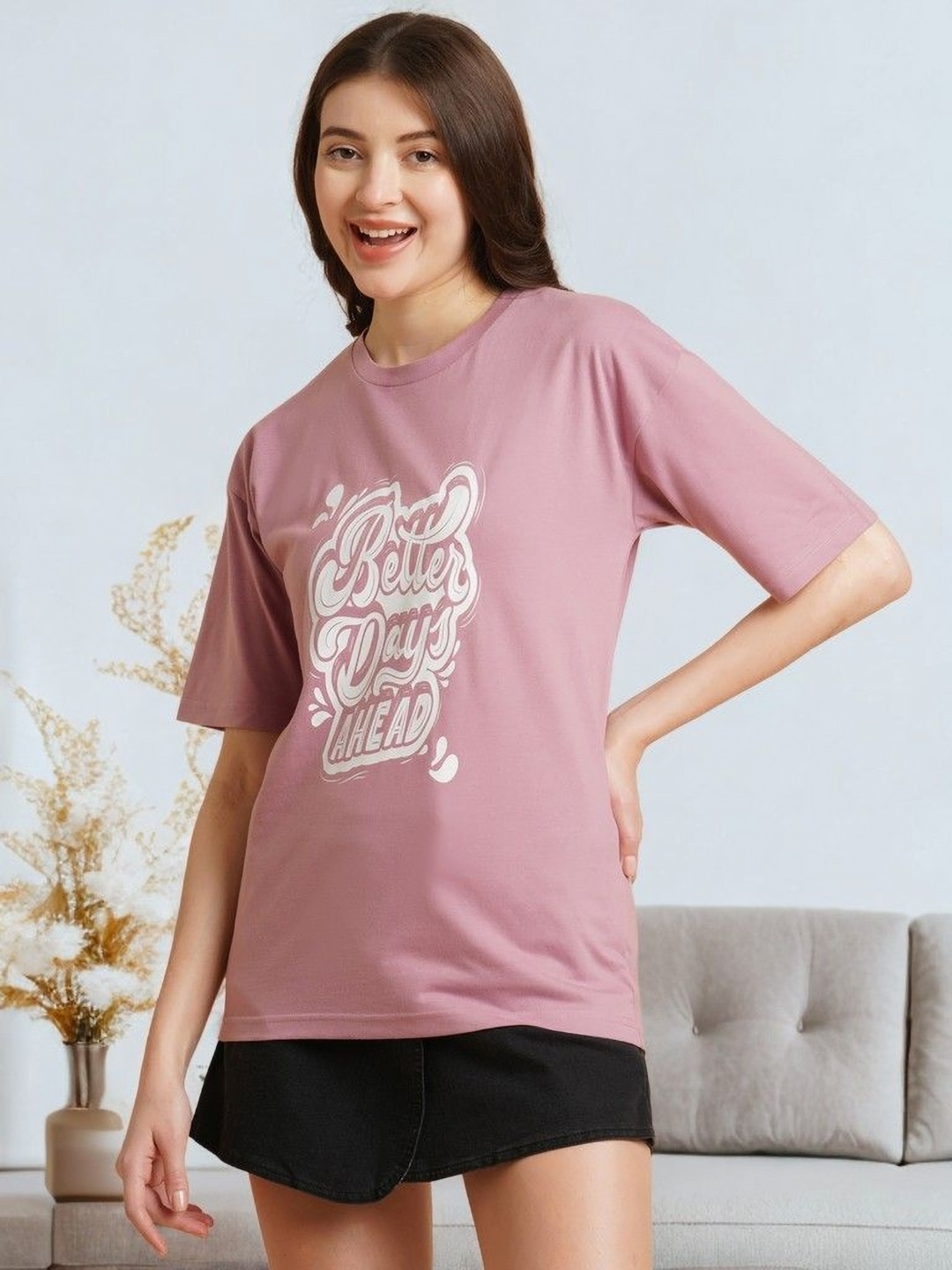 

DressBerry Women Typography Printed Raw Edge T-shirt, Pink