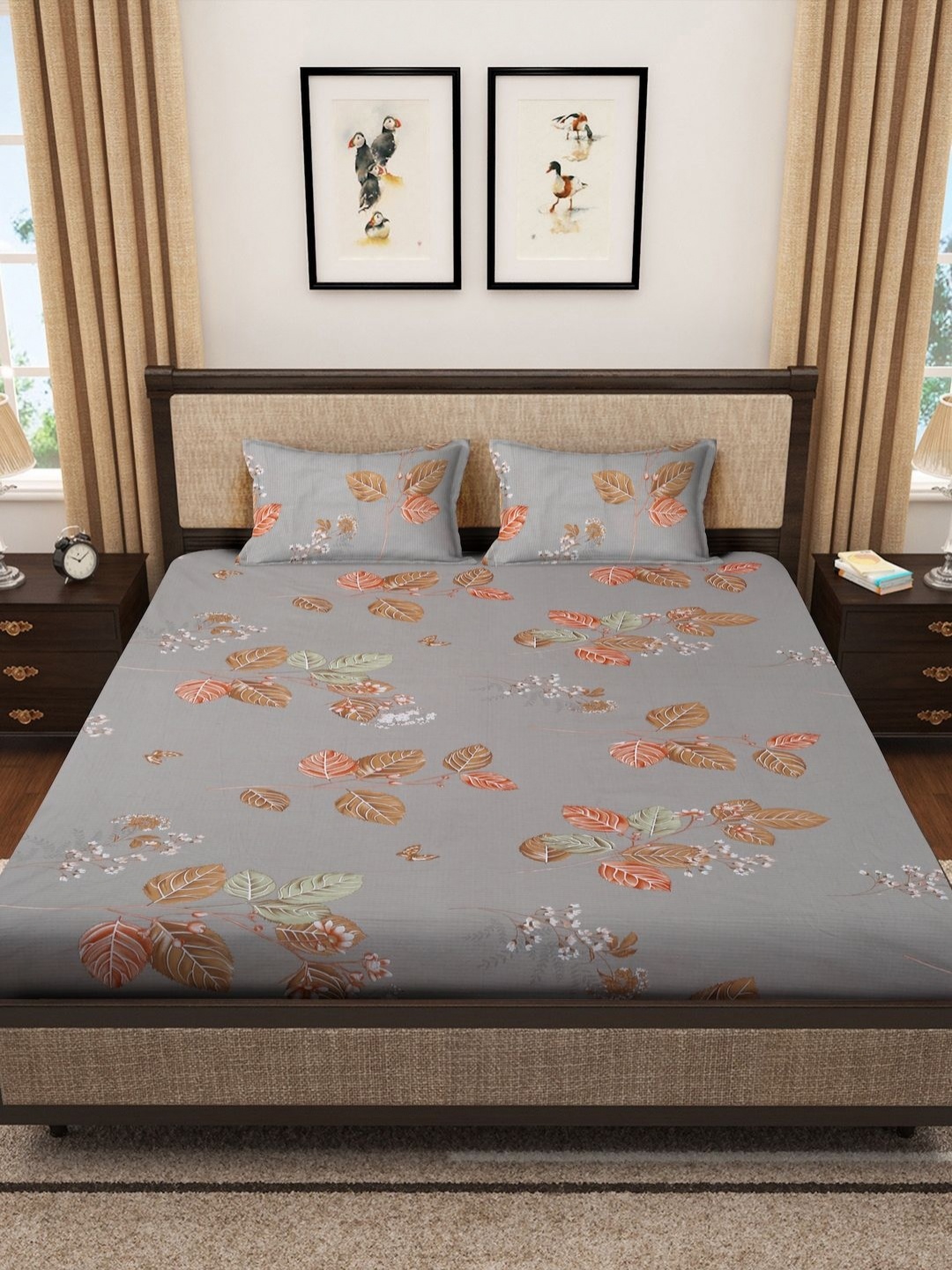 

Myntra Elegant Homes Grey & Green Printed Cotton 400 TC King Bedsheet Set 2.50 X 2.25 m