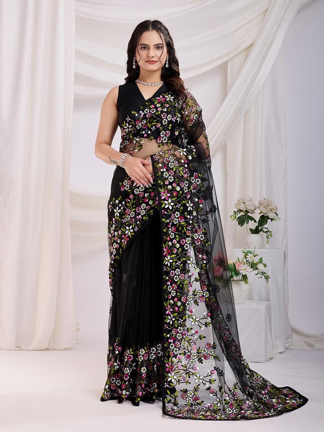 

VenderVilla Floral Embroidered Net Saree, Black