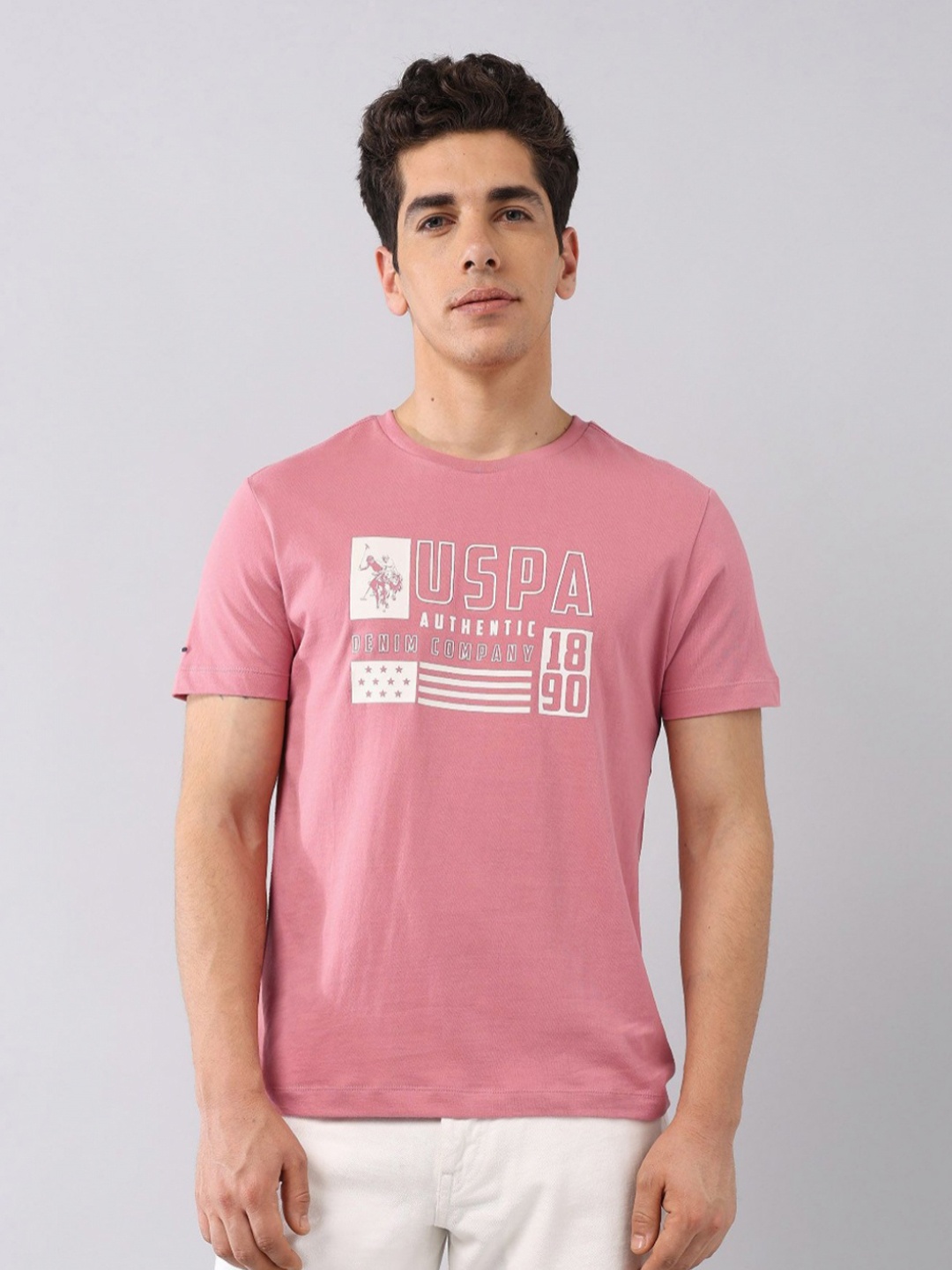 

U.S. Polo Assn. Denim Co. Men Brand Logo Printed Slim Fit T-shirt, Pink