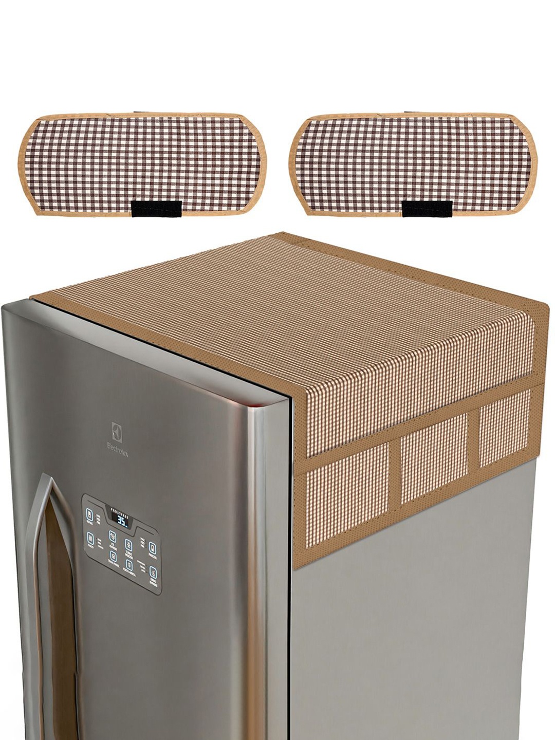 

Kuber Industries Brown & White 3 Pieces Checked Fridge Top & Handle Cover Set