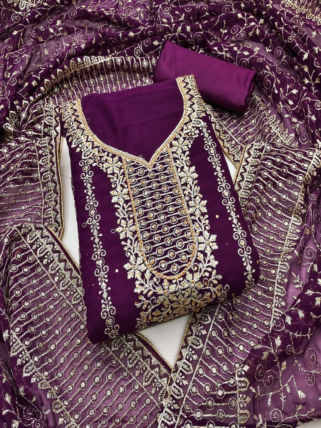 

Panzora Floral Embroidered Stone Work Georgette Unstitched Dress Material, Purple