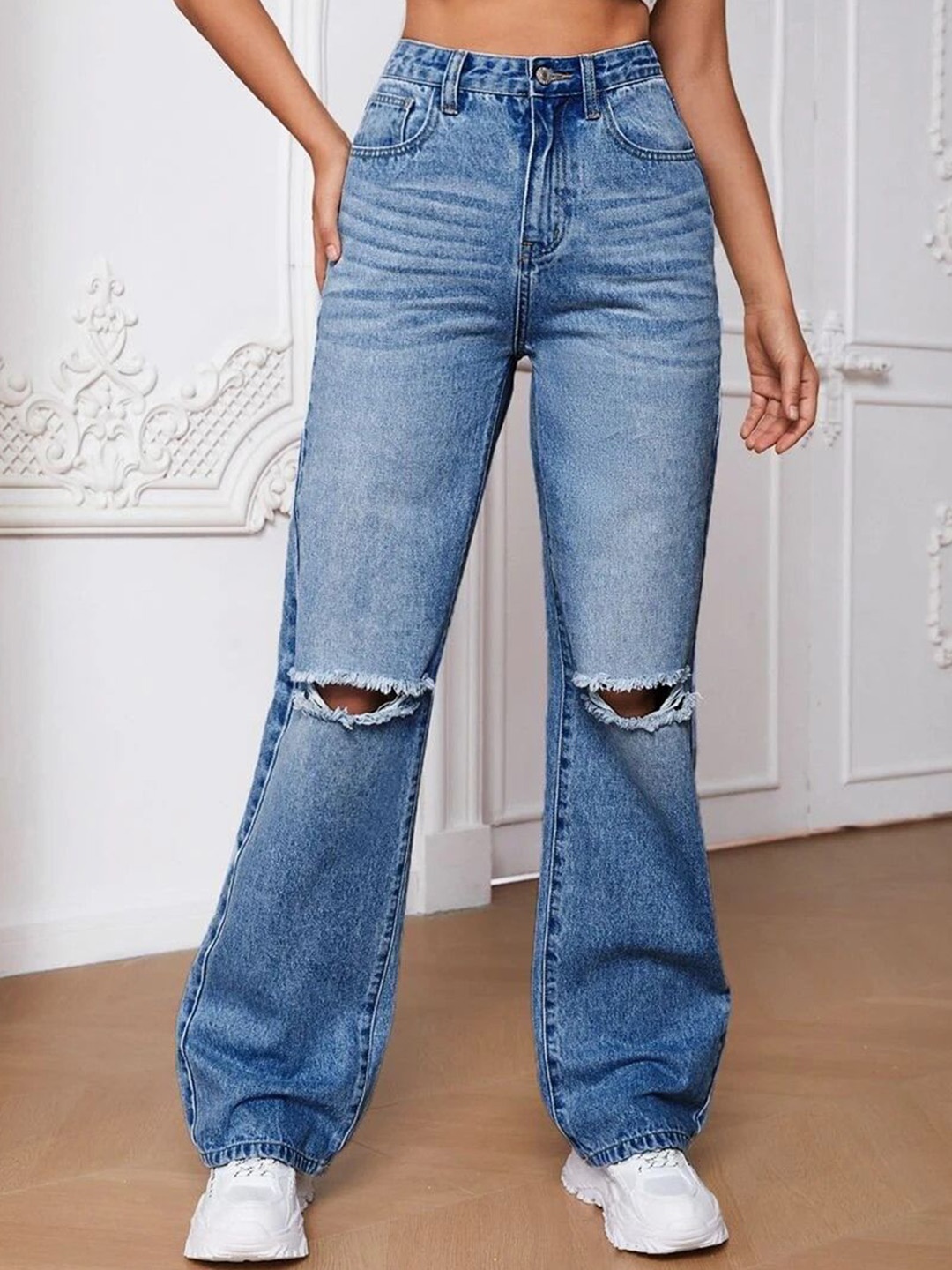 

NUCOUTHS Women Jean High-Rise Slash Knee Light Fade Stretchable Jeans, Blue