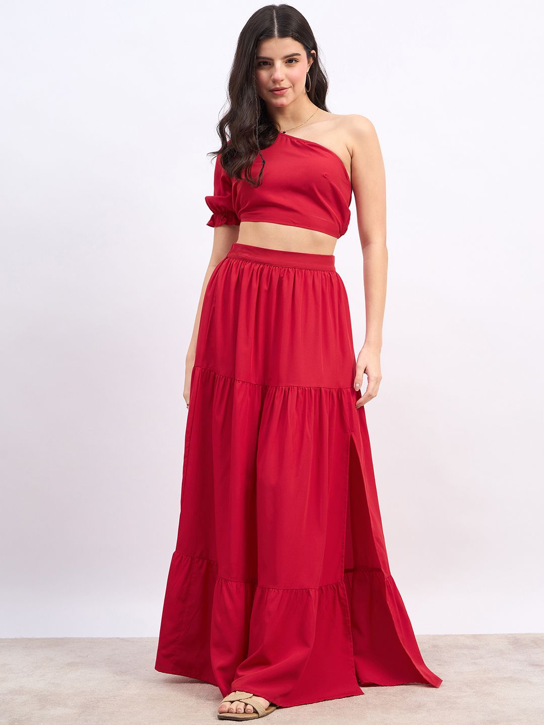 

Berrylush One Shoulder Cropped Top With High Rise Maxi Skirt, Red