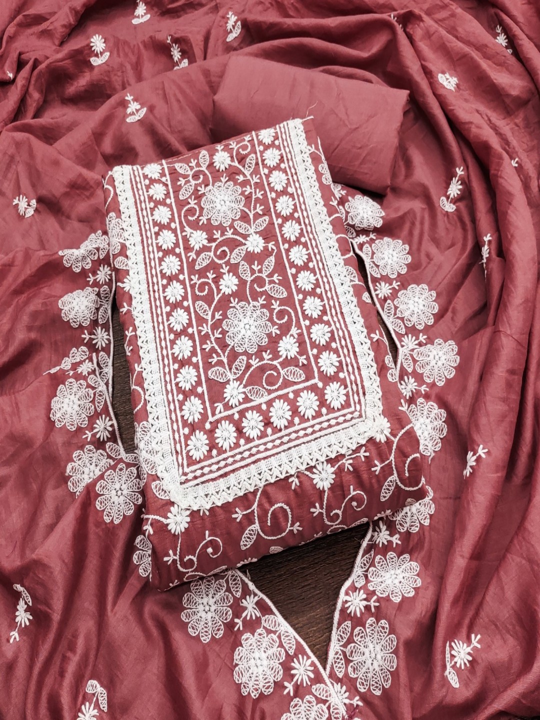 

KALINI Floral Lucknowi Embroidered Silk Unstitched Dress Material, Pink