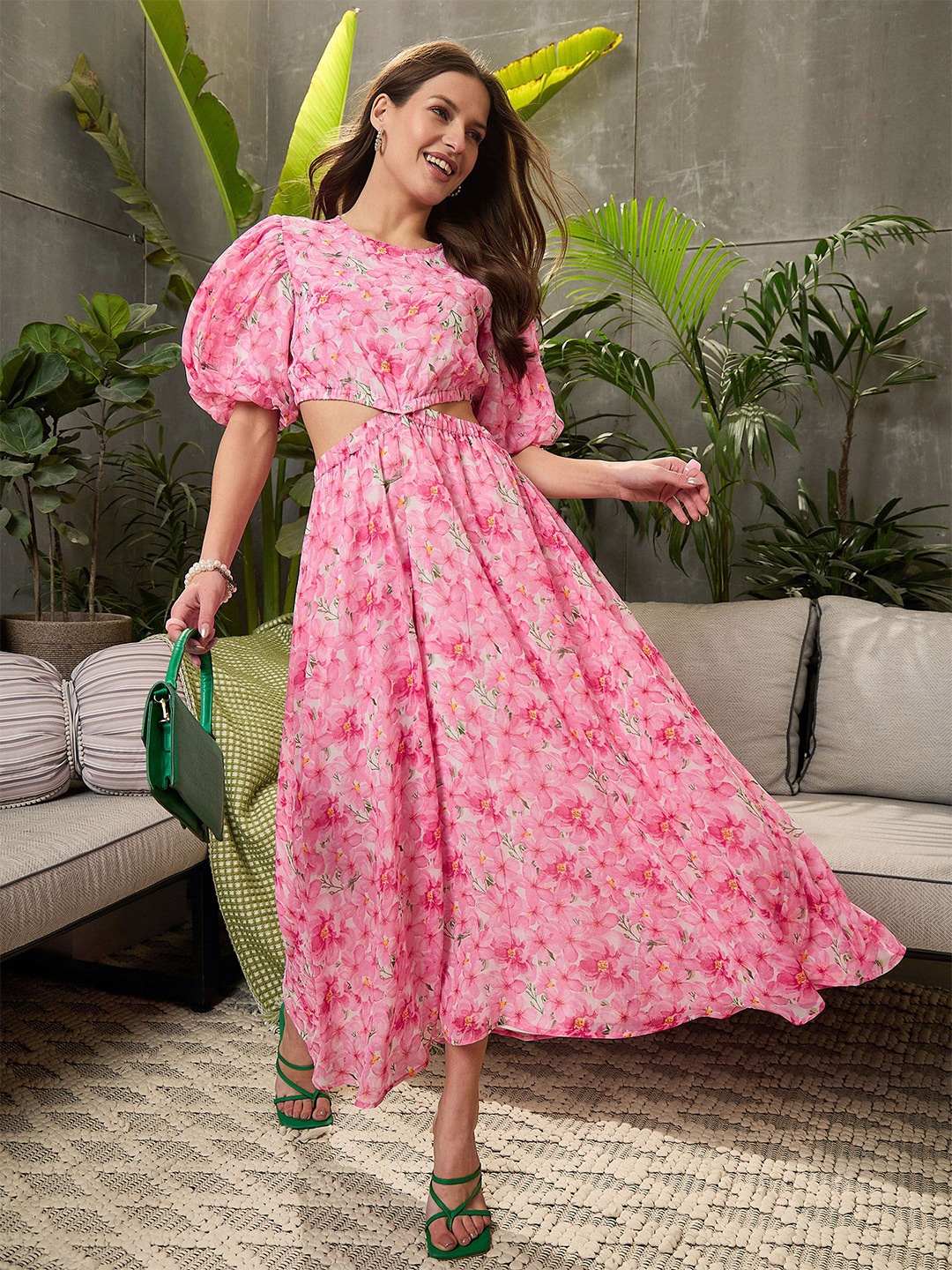 

SASSAFRAS Floral Print Georgette Fit & Flare Midi Dress, Pink