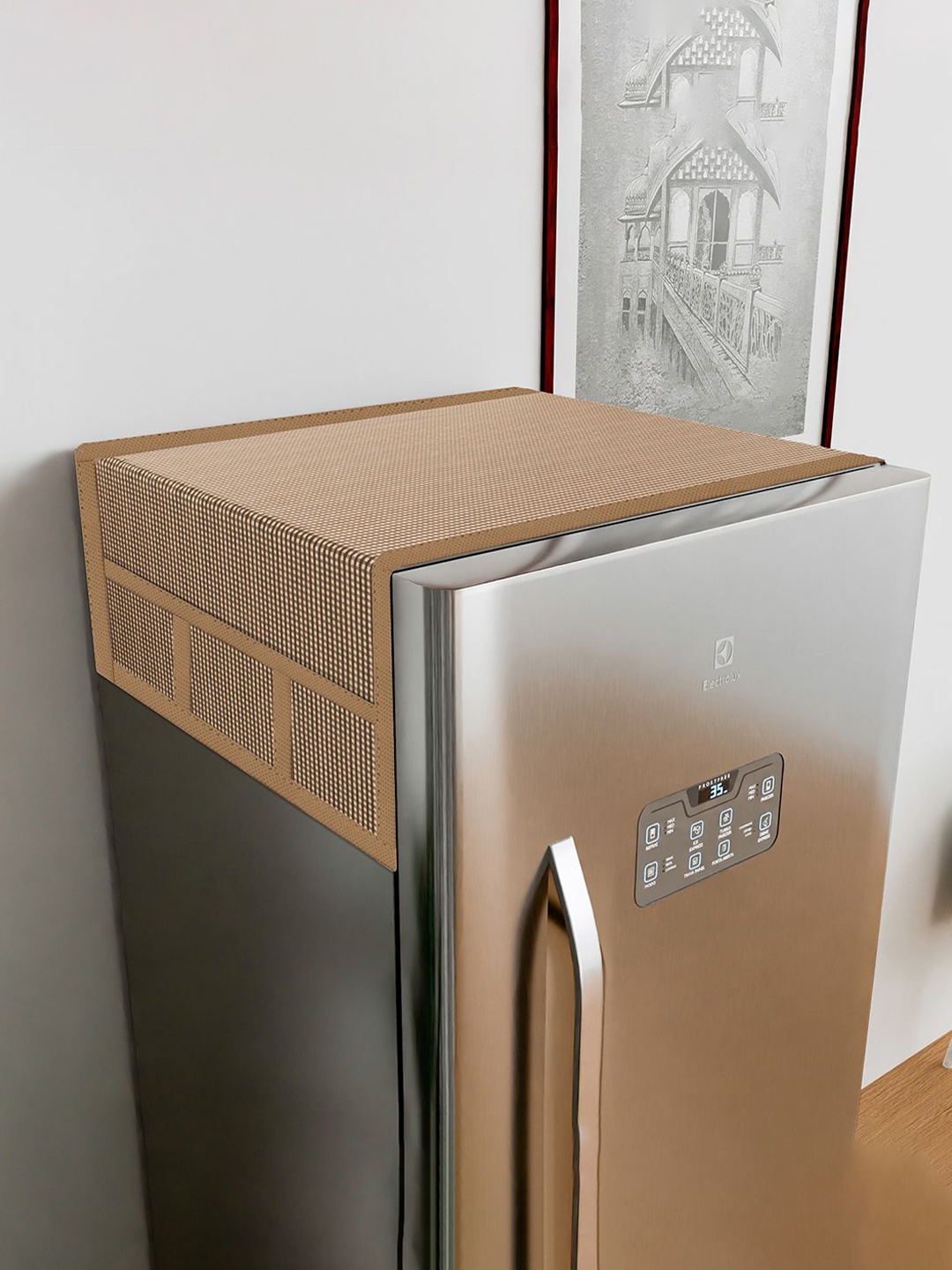 

Kuber Industries Brown Checked Fridge Top Cover With 6 Utility Pockets