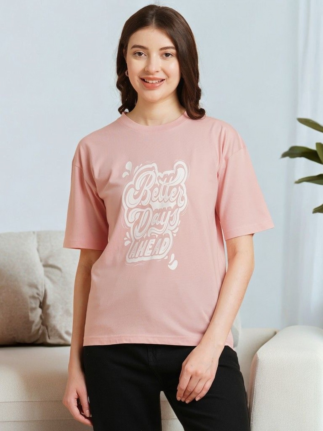 

DressBerry Women Typography Printed Applique T-shirt, Peach