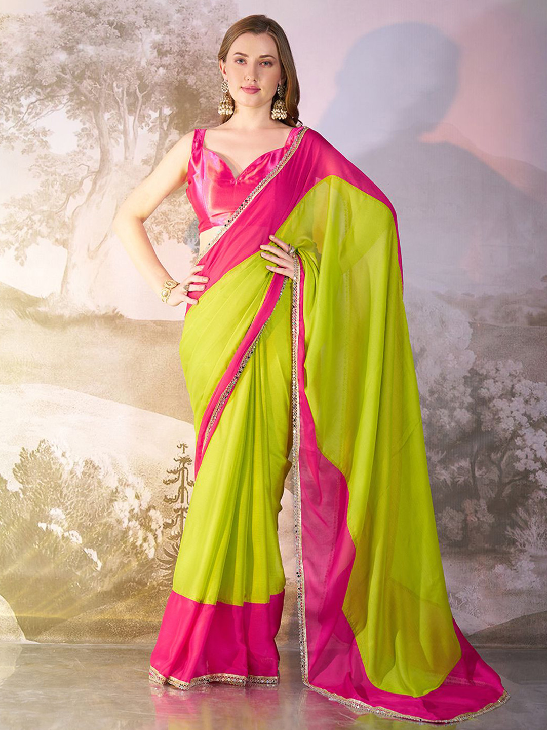 

Kalista Colourblocked Pure Georgette Ready to Wear Saree, Fluorescent green